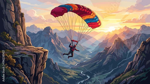 A colorful illustration of a paraglider soaring over a majestic mountain valley at sunset. Captures adventure, freedom, and extreme sports. Ideal for travel or motivational concepts.