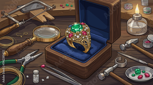 Illustration of a jeweler's workshop. A handmade gold ring with gems sits on a workbench surrounded by tools. Perfect for articles on craftsmanship, luxury, and bespoke jewelry.
