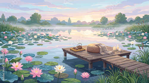 Peaceful illustration of a tea ceremony on a wooden pier by a tranquil lake with lotus flowers at sunrise. Ideal for wellness, meditation, and relaxation concepts.