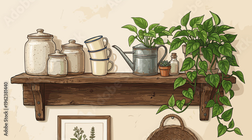 A charming illustration of a rustic wooden shelf with plants, jars, and kitchenware. Cozy farmhouse aesthetic for home decor, lifestyle blogs, or kitchen-themed designs.