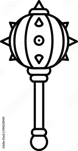 A black and white line art illustration of a medieval flail weapon with a spiked iron ball head