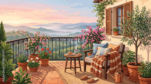 A cozy illustrated terrace in Tuscany with coffee, flowers, and a scenic view of rolling hills at sunrise. Perfect for travel, relaxation, and lifestyle concepts.