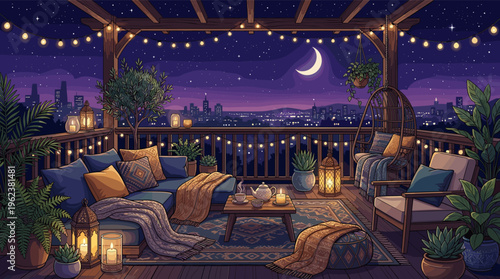 A cozy rooftop balcony at night with a city view. This peaceful illustration is perfect for relaxation, lofi backgrounds, or creating a warm, inviting atmosphere.