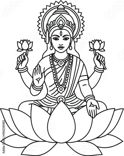 A detailed line art illustration of the hindu goddess lakshmi seated on a large lotus flower throne