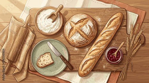 A cozy top-down illustration of fresh bread, flour, jam, and baking tools on a rustic wooden table. Perfect for bakeries, food blogs, and recipe designs.