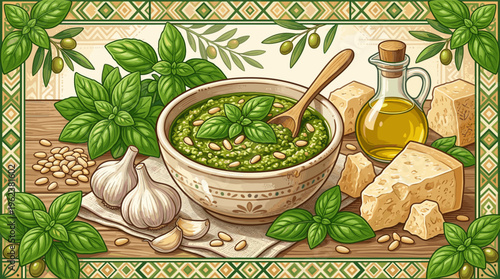 Vibrant illustration of traditional Italian pesto sauce with its fresh ingredients: basil, pine nuts, garlic, parmesan, and olive oil. Ideal for culinary blogs or menus.