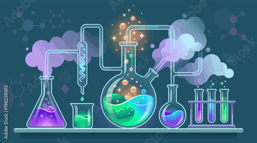 A vibrant illustration of a chemistry lab experiment. Glass flasks and test tubes with bubbling magical potions and smoke, representing science, discovery, and innovation.
