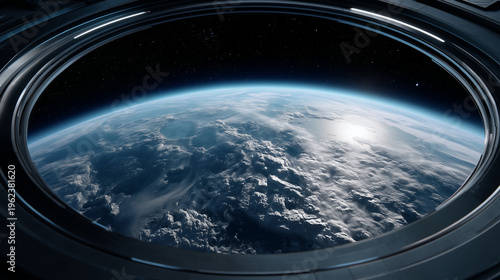Sci-fi scene, looking out at the earth from the circular window of the space station, movie-level composition, space movie tone, movie-level texture, 8K