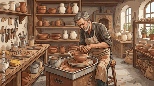 An illustration of a senior male potter focused on shaping a clay bowl on a wheel in his rustic workshop. This image shows traditional craft, skill, and creative hobbies.