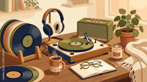 A cozy illustration of a retro listening station with a vinyl record player. Perfect for themes of relaxation, hobbies, slow living, and nostalgia.