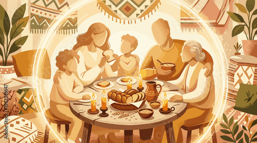A warm illustration of a multi-generation family sharing dinner. The cozy, loving scene represents togetherness, tradition, and security, perfect for family-centric concepts.