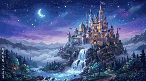 A magical fairytale castle illuminated at night, perched on a mountain with a waterfall under a starry sky. A whimsical, enchanting illustration for fantasy or children's themes.