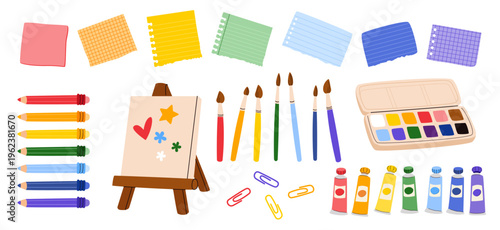 Children's art supplies set with pencils, paints, brushes, easel and paper notes. Collection of colorful school stationery. Educational vector illustration.