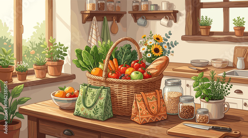 A charming illustration of a rustic kitchen with a basket of fresh groceries, vegetables, and fruit. A cozy, healthy lifestyle concept for food blogs or sustainable living themes.