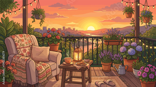 A cozy, illustrated balcony garden at sunset with an armchair, tea, and flowers. This peaceful city view is perfect for relaxation, wellness, and lo-fi backgrounds.