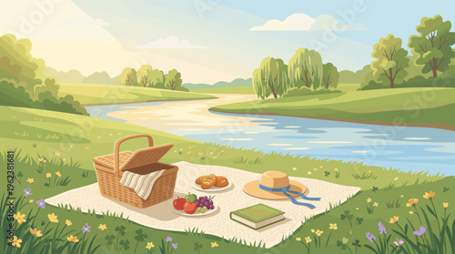 A serene picnic illustration with a basket, fruit, and book on a blanket by a river. Perfect for summer, relaxation, leisure, and outdoor lifestyle concepts.