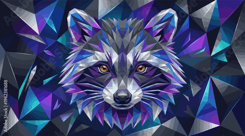 A modern symmetrical raccoon portrait created with geometric low poly shapes. Vibrant blue and purple colors on a dark background. Ideal for tech, art, or creative projects.