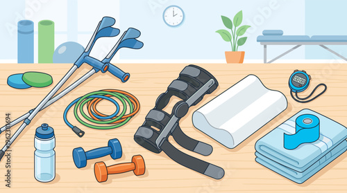 An illustration of physical therapy and rehabilitation equipment on a table. Includes crutches, a knee brace, and dumbbells for injury recovery and healthcare concepts.