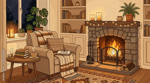 Cozy living room illustration with a fireplace, armchair, and books. A warm, relaxing scene perfect for winter, hygge concepts, or a tranquil background.