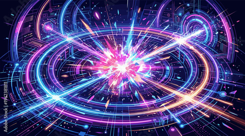 Vibrant futuristic abstract background of a digital energy core explosion. Dynamic neon illustration concept for technology, AI, big data, and innovation.