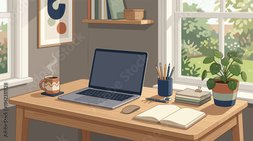 A cozy home office illustration. A sunlit wooden desk with a laptop, coffee, and notebook by a window with a garden view. Ideal for remote work, study, or freelance concepts.