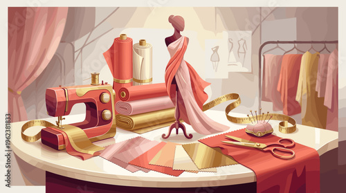 An illustration of a tailor's workshop. A sewing machine, mannequin, and fabric create a scene of fashion design and craftsmanship, perfect for creative industry concepts.