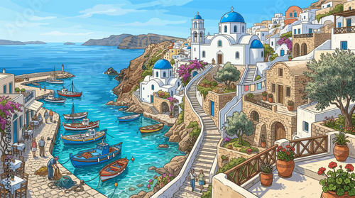 A detailed cartoon illustration of an idyllic Greek village by the sea. Features white houses, blue domes, and boats. Perfect for travel, tourism, and Mediterranean themes.