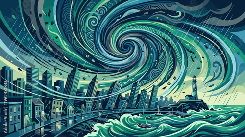 A dramatic, stylized illustration of a massive hurricane storm hitting a coastal city. This powerful image depicts chaos, climate change, and natural disaster. Perfect for news or crisis topics.