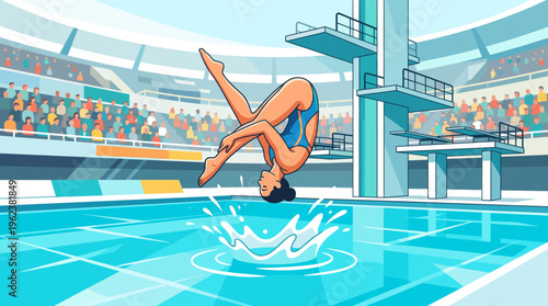 A dynamic illustration of a female diver performing at a swimming competition. The athlete is mid-air before splashing into the pool in a stadium filled with spectators.