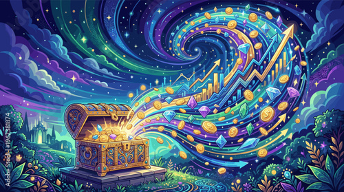 A magical treasure chest overflows with coins and gems, transforming into a vibrant financial growth chart. Ideal for concepts of investment, wealth, profit, and success.