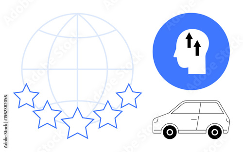 Global quality standards. Global quality concepts with star ratings, innovation ideas, and mobility symbols. Global quality in technology, improvement processes, and transportation concepts