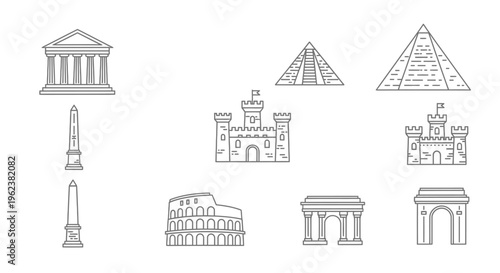 A collection of famous landmarks and monuments from around the world in simple line drawings on a white background.