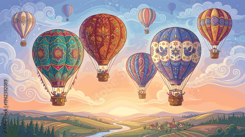 A vibrant illustration of ornate hot air balloons flying at sunrise. This magical scene over a peaceful landscape evokes a sense of adventure, fantasy, and joyful travel.