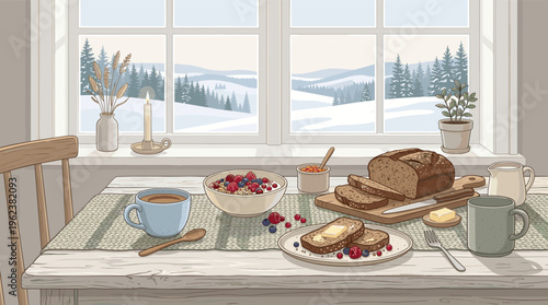 Cozy winter breakfast scene illustration. A rustic table with coffee, bread, and berries by a window looking out onto a snowy landscape. Perfect for seasonal or lifestyle concepts.