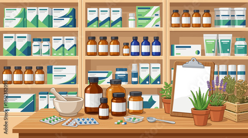 A pharmacy counter illustration featuring medicines, pills, and herbal remedies. A blank clipboard offers copy space for healthcare or wellness concepts.