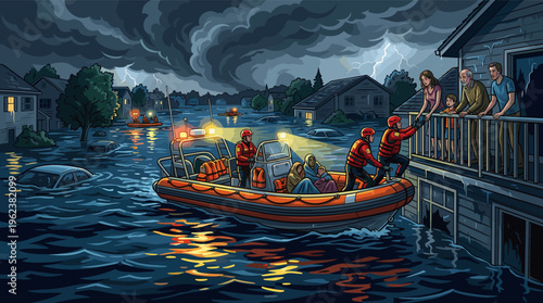 Dramatic illustration of a rescue team evacuating families from flooded homes during a night storm. Concept for disaster relief, climate change, and community support.