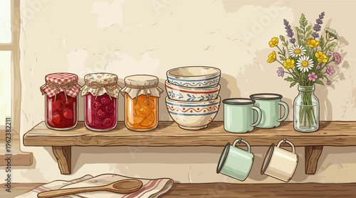 A charming illustration of a rustic kitchen shelf with homemade jam jars, ceramic bowls, mugs, and a vase of wildflowers. Evokes a cozy, farmhouse, and cottagecore mood.