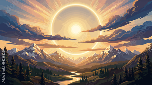 A stunning vector illustration of a mystical sunrise or eclipse over a serene mountain valley. Epic, hopeful mood for backgrounds, travel, or fantasy themes.