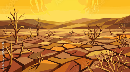 Stylized illustration of a desolate, arid landscape. Cracked ground and barren trees under a hot yellow sky depict drought, desertification, and environmental crisis.