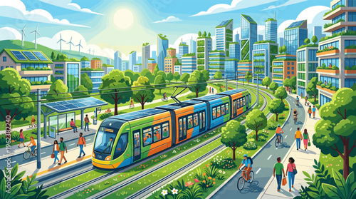 Illustration of a modern eco city with a solar-powered tram, green buildings, and people. A vision of a sustainable, futuristic urban lifestyle and clean energy transportation.