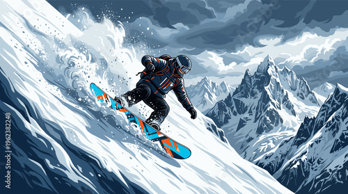 Dynamic illustration of an extreme snowboarder in action, carving down a snowy mountain. Perfect for winter sports, adventure travel, and thrilling action concepts.