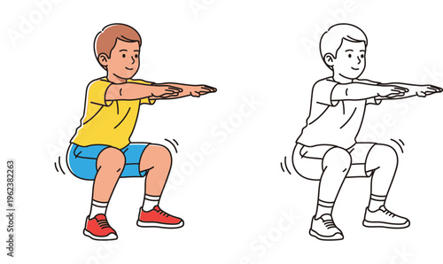 Vector illustration of a young boy doing squats. Includes colored version and black and white outline for coloring book. Kids fitness and exercise concept.