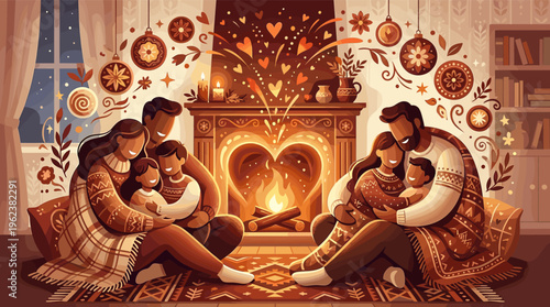 Happy family illustration celebrating winter by a cozy fireplace. A scene of love, togetherness and warmth, perfect for holiday greetings, home decor, or advertising.