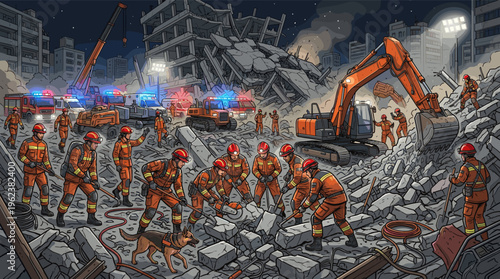 Illustration of a large-scale rescue operation at night. Firefighters search for survivors in the rubble of a collapsed building after an earthquake. Dramatic hero scene.