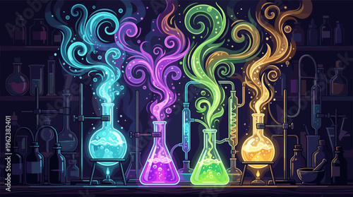 A vibrant illustration of a magical chemistry lab with colorful glowing potions bubbling. Perfect for science, fantasy, creativity, or educational concepts.