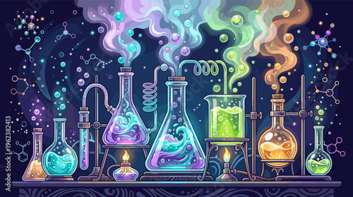 A vibrant, whimsical illustration of a chemistry lab with bubbling potions and colorful smoke. Perfect for science, discovery, magic, innovation, and creative research concepts.