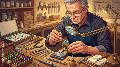 A skilled senior jeweler meticulously crafts a gold gemstone ring at his workshop bench. This illustration represents tradition, expertise, and the art of handmade luxury.