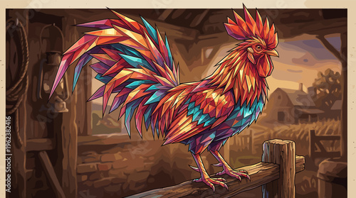 A vibrant, polygonal rooster illustration perched on a fence in a rustic barn. This colorful, modern abstract art is perfect for farm themes, branding, and creative projects.