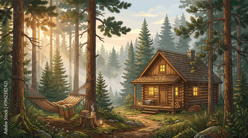 Cozy log cabin illustration in a peaceful forest at sunset. A hammock and warm lights create a serene, relaxing mood. Perfect for getaway, travel, or lifestyle concepts.