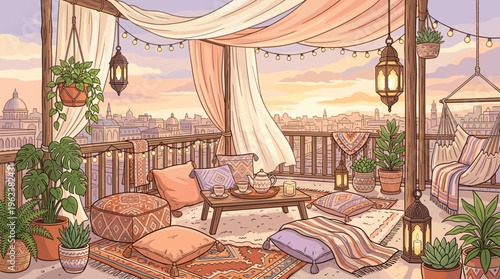 A cozy boho rooftop terrace illustration at sunset. This peaceful balcony scene with lanterns and plants is perfect for relaxing, travel, or lofi music backgrounds.